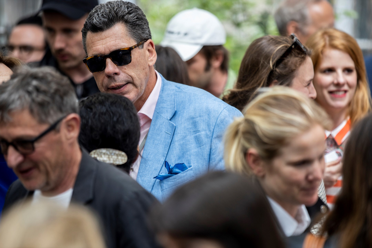 SVP Crozier Europe and Asia & General Manager of Crozier Europe Simon Hornby speaking with clients at the Swiss Institute Annual Luncheon at Art Basel, Switzerland